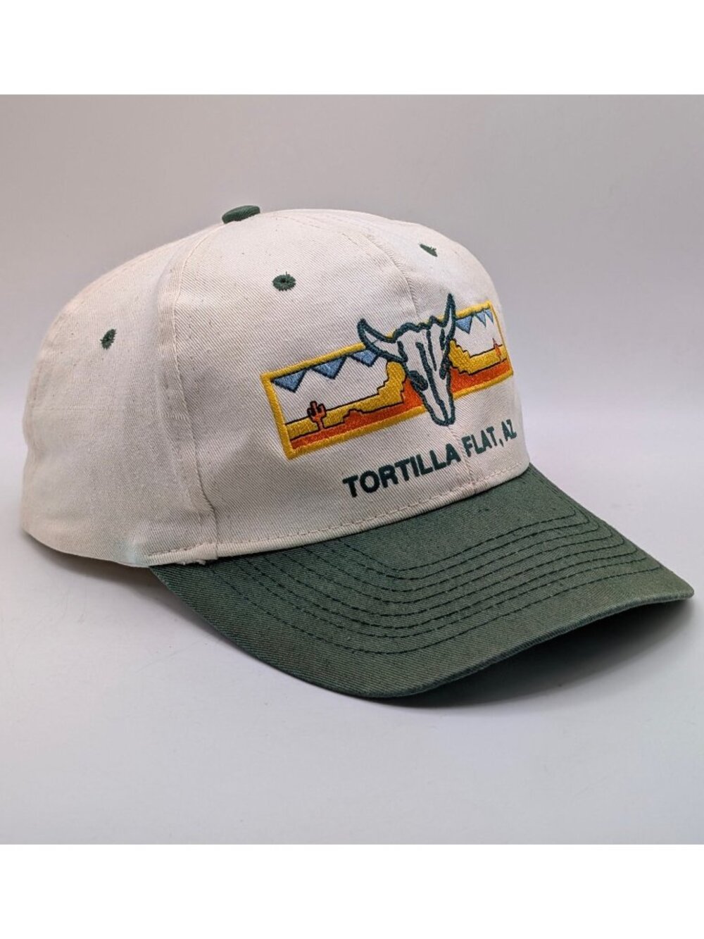 Vintage Tortilla Flat Arizona Trucker Hat Desert Cactus Bull Aztec Southwestern